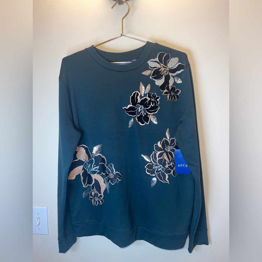 APT. 9 Floral Crewneck Sweatshirt Teal Green Sequin Detail NWT Medium
